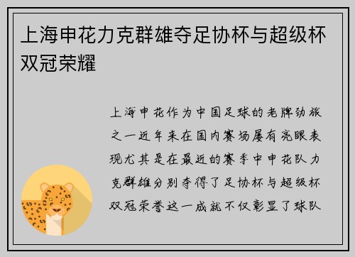 上海申花力克群雄夺足协杯与超级杯双冠荣耀
